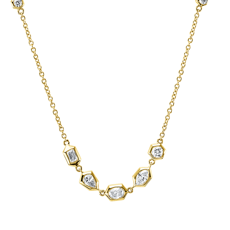 Collier 14 kt GG, mit ZÖ 42,5 cm + 40,0 cm, 1 Tropfen 0,10 ct, W-si, 1 Oval 0,11 ct, W-si, 1 Nav. 0,11 ct, W-si, 1 Sm.schliff 0,10 ct, W-si, 7 Brill. 0,26 ct, W-si