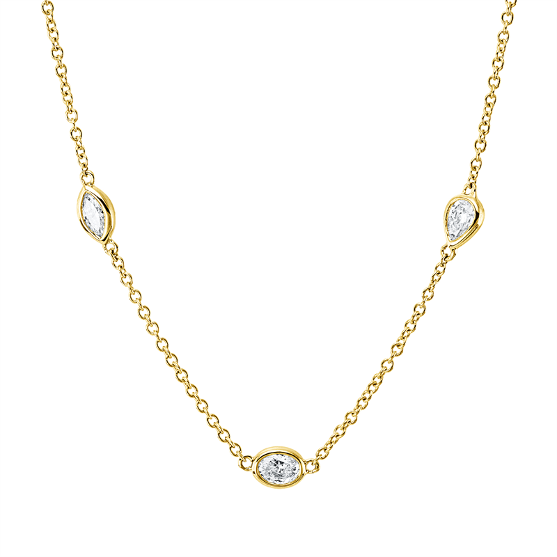 Collier 14 kt GG, mit ZÖ 42,5 cm + 40,0 cm, 3 Tropfen 0,30 ct, W-si, 1 Oval 0,13 ct, W-si, 2 Nav. 0,20 ct, W-si, 2 Sm.schliff 0,21 ct, W-si, 3 Brill. 0,24 ct, W-si