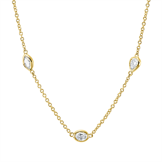 Collier 14 kt GG, mit ZÖ 42,5 cm + 40,0 cm, 3 Tropfen 0,30 ct, W-si, 1 Oval 0,13 ct, W-si, 2 Nav. 0,20 ct, W-si, 2 Sm.schliff 0,21 ct, W-si, 3 Brill. 0,24 ct, W-si