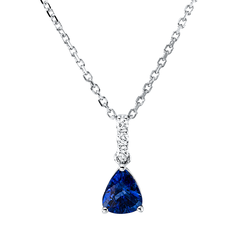 Collier 18 kt WG, mit ZÖ 40,6 cm, 3 Brill. 0,05 ct, TW-si, 1 Saphir 0,71 ct blau