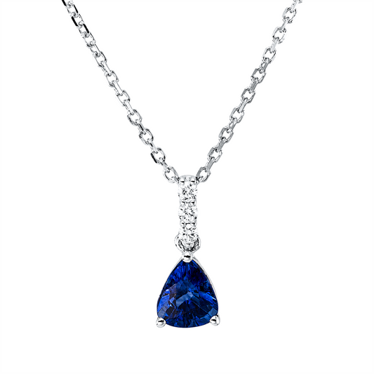 Collier 18 kt WG, mit ZÖ 40,6 cm, 3 Brill. 0,05 ct, TW-si, 1 Saphir 0,71 ct blau