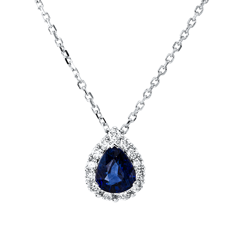 Collier 18 kt WG, mit ZÖ 40,6 cm, 13 Brill. 0,24 ct, TW-si, 1 Saphir 0,96 ct blau
