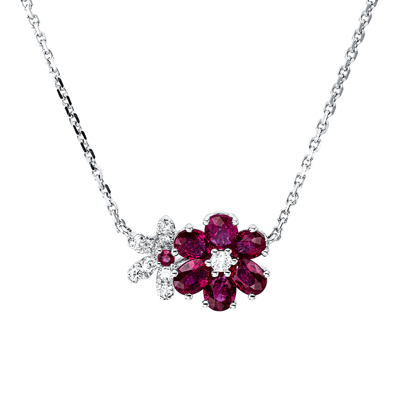 Collier 18 kt WG, 1 Brill. 0,04 ct, TW-si, 8 Brill. 0,12 ct, TW-si, 1 Rubin 0,02 ct rot, 6 Rubine 1,40 ct rot