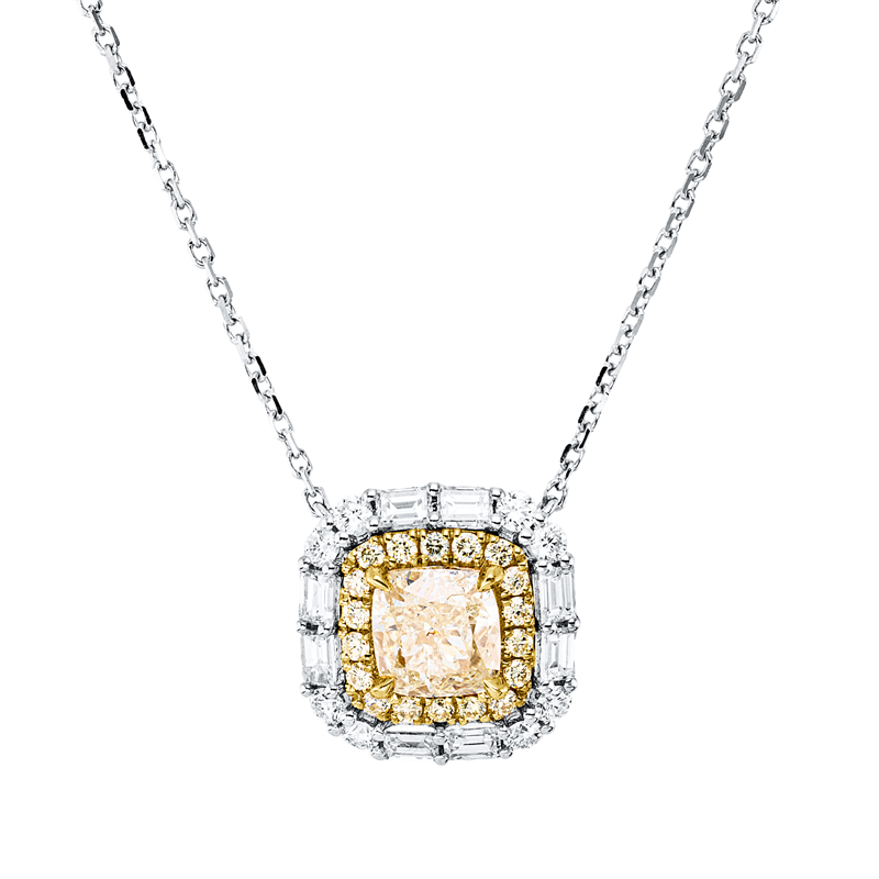Collier 18 kt, 8 Bag.0,40ct, TW-vsi/si, 8 Brill.0,16ct, TW-si, 1 Cushion 1,07ct, gelb, 18 Brill.0,14ct, gelb