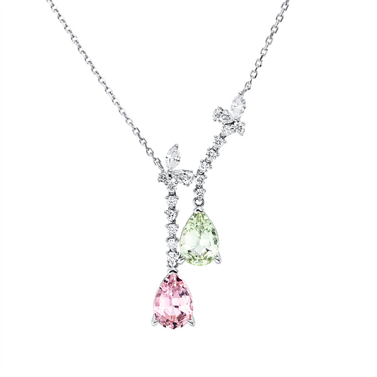 Collier 18 kt WG, 2 Tropfen 0,15 ct, 2 Nav. 0,15 ct 14 Brill. 0,23 ct, TW-si, 2 Turmalin 2,99 ct multicolor