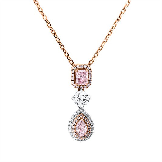 Collier 18 kt R/G, 1 Brill. 0,35 ct, TW-vvs, 58 Br. 0,20 ct, TW-si, 1 Cush 0,34 ct, 1 Trop 0,24 ct, pink