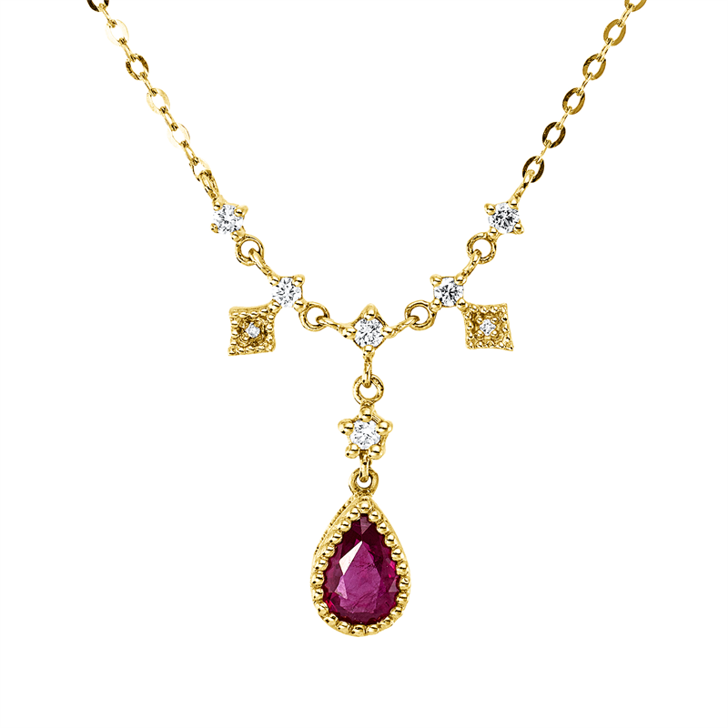 Collier 18 kt GG, mit ZÖ 40 cm + 43 cm, 8 Brill. 0,11 ct, F-vsi, 1 Rubin 0,53 ct rot