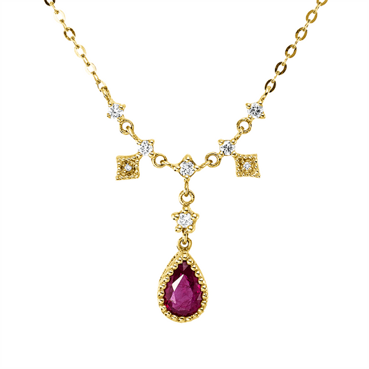Collier 18 kt GG, mit ZÖ 40 cm + 43 cm, 8 Brill. 0,11 ct, F-vsi, 1 Rubin 0,53 ct rot