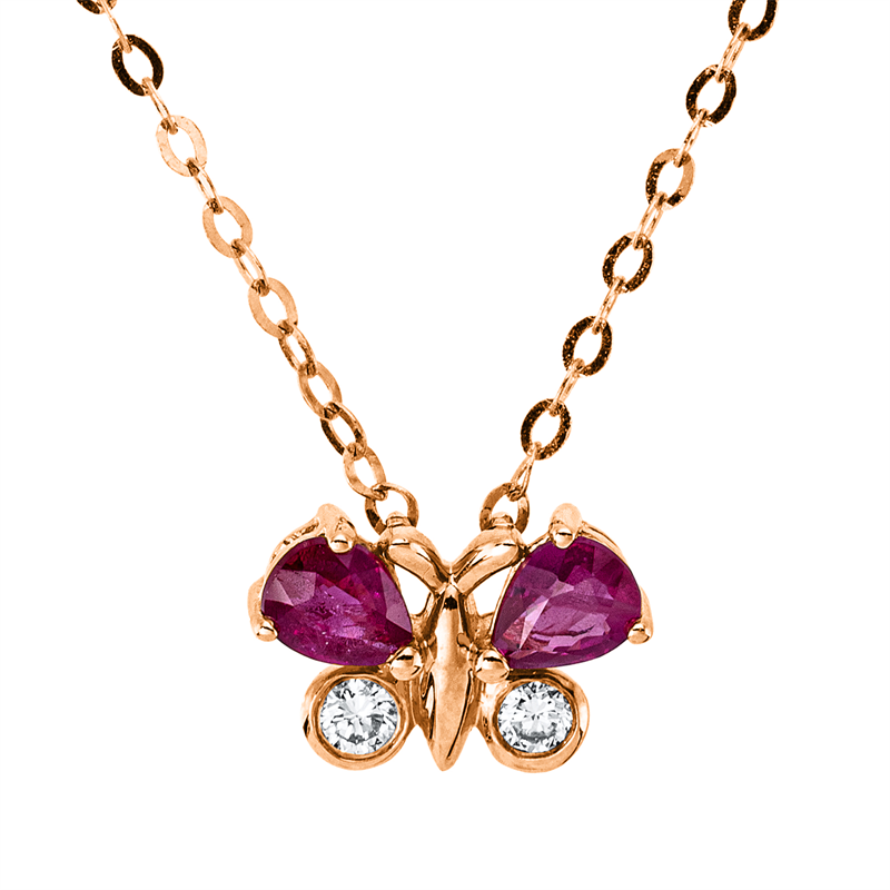 Collier 18 kt RG, mit ZÖ 40 cm + 43 cm, 2 Brill. 0,05 ct, F-vsi, 2 Rubine 0,38 ct rot