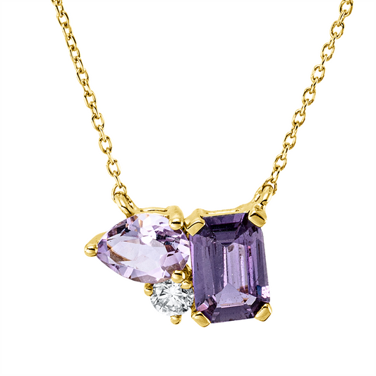 Collier 18 kt GG, 1 Brill. 0,05 ct, TW-vsi, 1 Amethyst 0,25 ct pink, 1 Saphir 0,50 ct lila