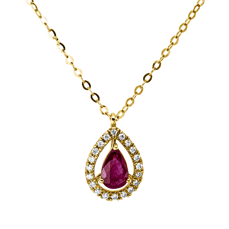 Collier 18 kt GG, mit ZÖ 40 cm + 43 cm, 20 Brill. 0,08 ct, F-vsi, 1 Rubin 0,44 ct rot