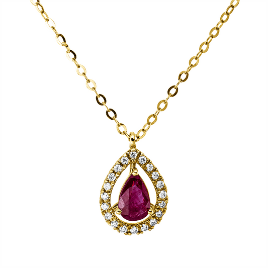 Collier 18 kt GG, mit ZÖ 40 cm + 43 cm, 20 Brill. 0,08 ct, F-vsi, 1 Rubin 0,44 ct rot