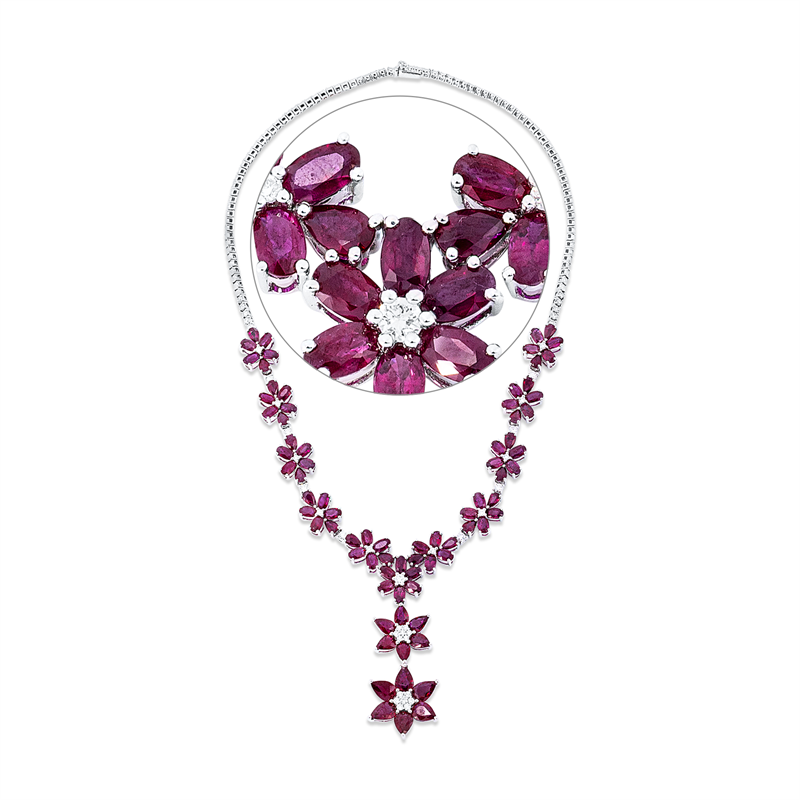 Collier 18 kt WG, 43 Brill. 1,42 ct, F-vsi, 78 Rubine 30,38 ct rot