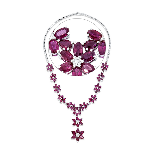 Collier 18 kt WG, 43 Brill. 1,42 ct, F-vsi, 78 Rubine 30,38 ct rot