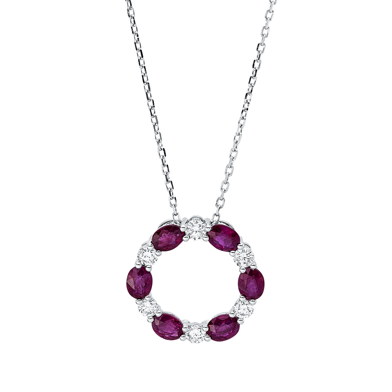Collier 18 kt WG, mit ZÖ 40 cm + 43 cm, 6 Brill. 0,34 ct, F-vsi, 6 Rubine 1,24 ct rot