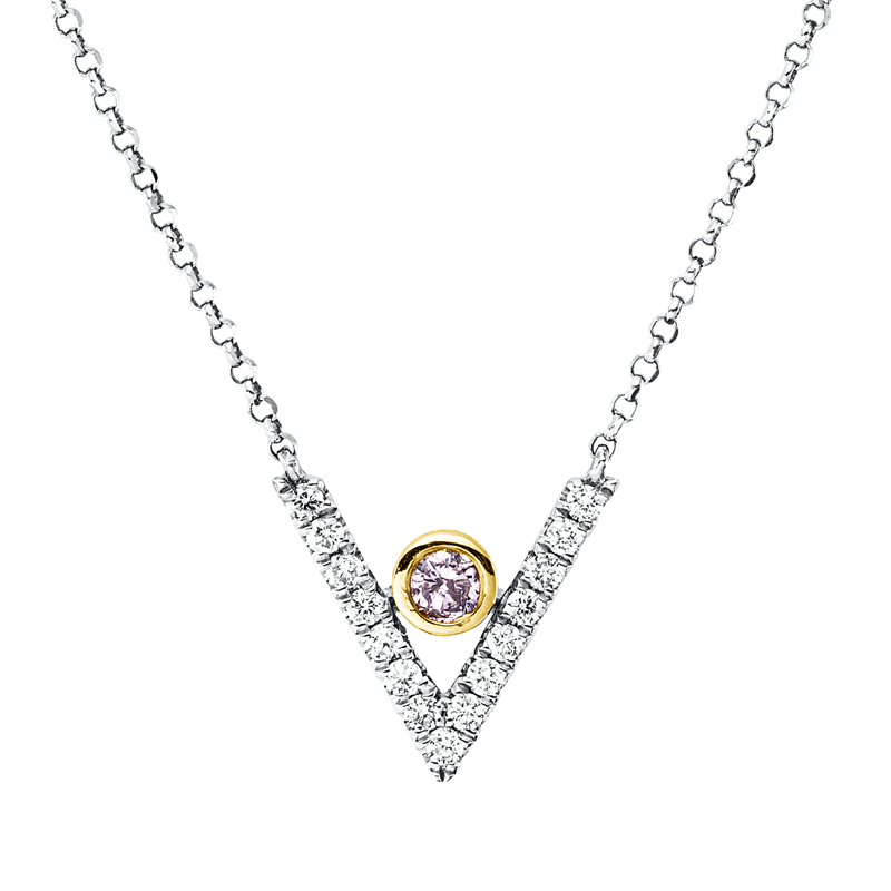 Collier 18 kt WG+GG, mit ZÖ 40,5 + 38,0 cm, 1 Dia. 0,07 ct, pink-si, 17 Brill. 0,17 ct, TW-si
