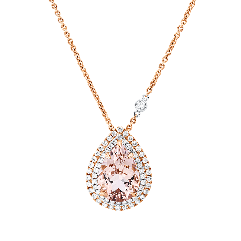 Collier 18 kt RG+WG, mit ZÖ 40,6 cm + 43,2 cm, 63 Brill. 0,65 ct, TW-si, 1 Morganit 5,15 ct rosa