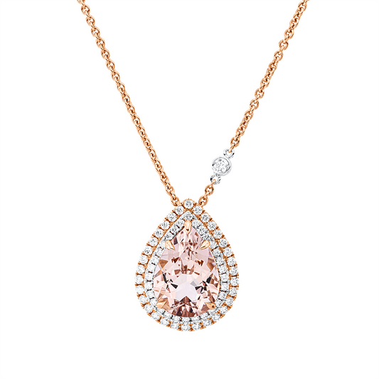 Collier 18 kt RG+WG, mit ZÖ 40,6 cm + 43,2 cm, 63 Brill. 0,65 ct, TW-si, 1 Morganit 5,15 ct rosa