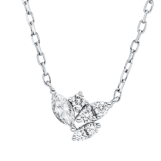 Collier 18 kt WG, mit ZÖ 40.6cm,43.2cm, 5 Brill. 0,10 ct, TW-si, 1 Nav. 0,11 ct, TW-si