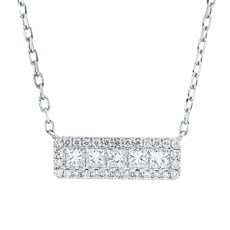 Collier 18 kt WG, mit ZÖ 40.6cm,43.2cm, 30 Brill. 0,12 ct, TW-pi, 5 Princ. 0,34 ct, TW-si