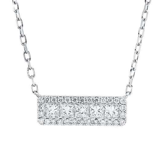 Collier 18 kt WG, mit ZÖ 40.6cm,43.2cm, 30 Brill. 0,12 ct, TW-pi, 5 Princ. 0,34 ct, TW-si