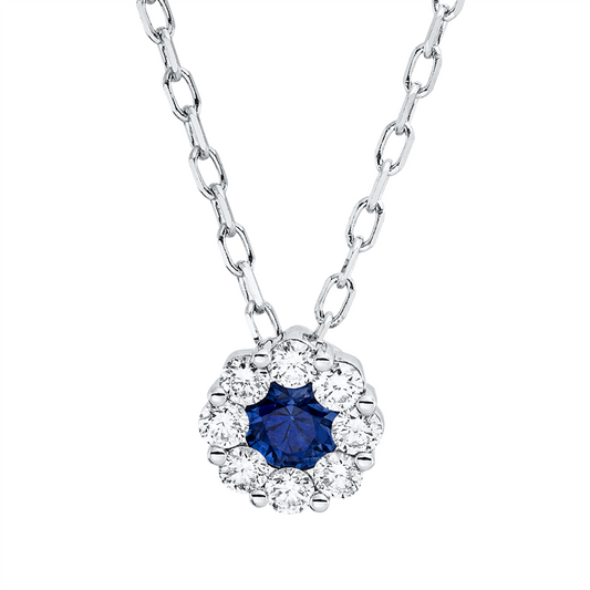 Collier 18 kt WG, mit ZÖ 40.6cm,43.2cm, 8 Brill. 0,14 ct, TW-pi, 1 Saphir 0,17 ct blau