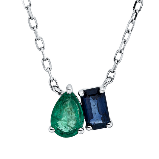 Collier 18 kt WG, mit ZÖ 40.6cm,43.2cm, 1 Smaragd 0,31 ct grün, 1 Saphir 0,30 ct blau