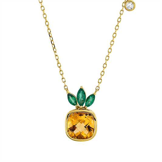 Collier 18 kt GG, 1 Brill. 0,03 ct, TW-pi, 1 Smaragd 0,13 ct grün, 2 Smaragde 0,16 ct grün, 1 Citrin 1,48 ct