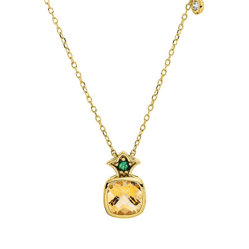 Collier 18 kt GG, 1 Brill. 0,02 ct, TW-pi, 1 Smaragd 0,20 ct grün, 1 Citrin 0,53 ct