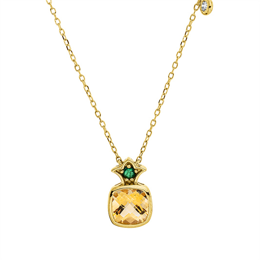 Collier 18 kt GG, 1 Brill. 0,02 ct, TW-pi, 1 Smaragd 0,20 ct grün, 1 Citrin 0,53 ct