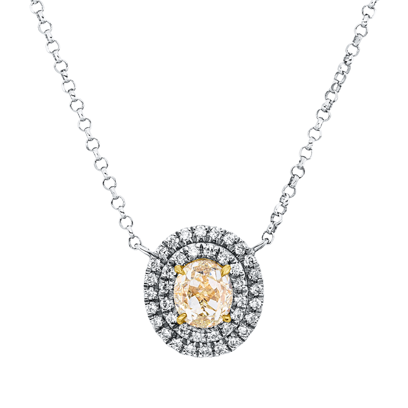 Collier 18 kt WG+GG, mit ZÖ 40,5 cm + 38,0 cm, 42 Brill. 0,15 ct, TW-si, 1 Oval 0,51 ct, gelb