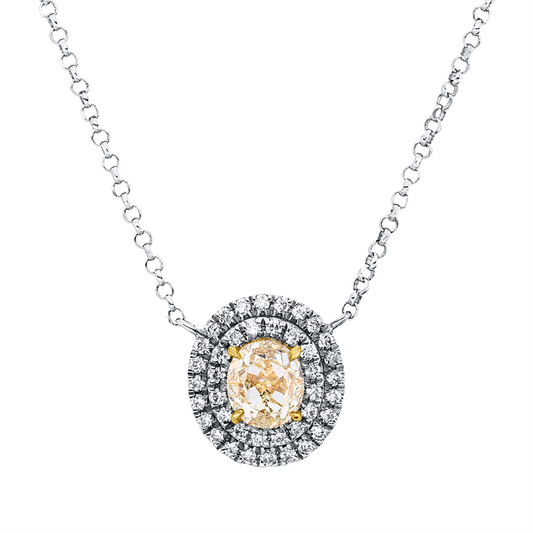 Collier 18 kt WG+GG, mit ZÖ 40,5 cm + 38,0 cm, 42 Brill. 0,15 ct, TW-si, 1 Oval 0,51 ct, gelb