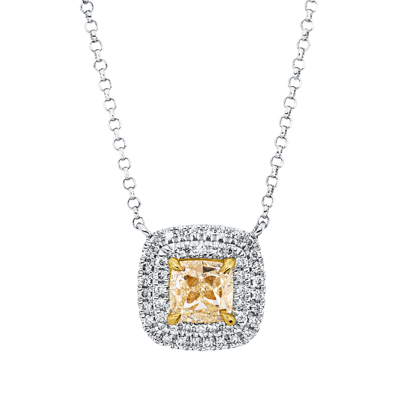 Collier 18 kt WG+GG, mit ZÖ 40,5 cm + 38,0 cm, 50 Brill. 0,16 ct, TW-si, 1 Cushion 0,69 ct, gelb