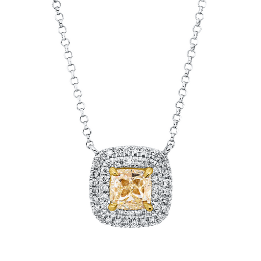 Collier 18 kt WG+GG, mit ZÖ 40,5 cm + 38,0 cm, 50 Brill. 0,16 ct, TW-si, 1 Cushion 0,69 ct, gelb