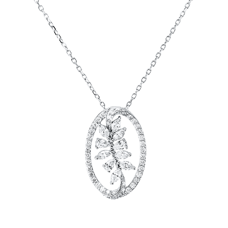 Collier 18 kt WG, mit ZÖ 40 cm, 7 Nav. 0,25 ct, 3 Tropfen 0,11 ct, TW-vsi, 43 Brill. 0,24 ct, TW-si