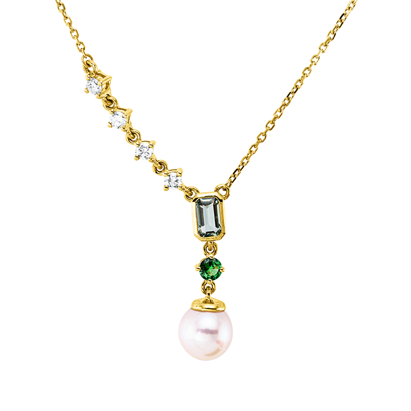 Collier 18 kt GG,1 Tsav 0,11ct grün, 1 Saphir 0,37ct grün, 1 SW weiß 7 mm, 4 Brill. 0,17 ct, TW-si