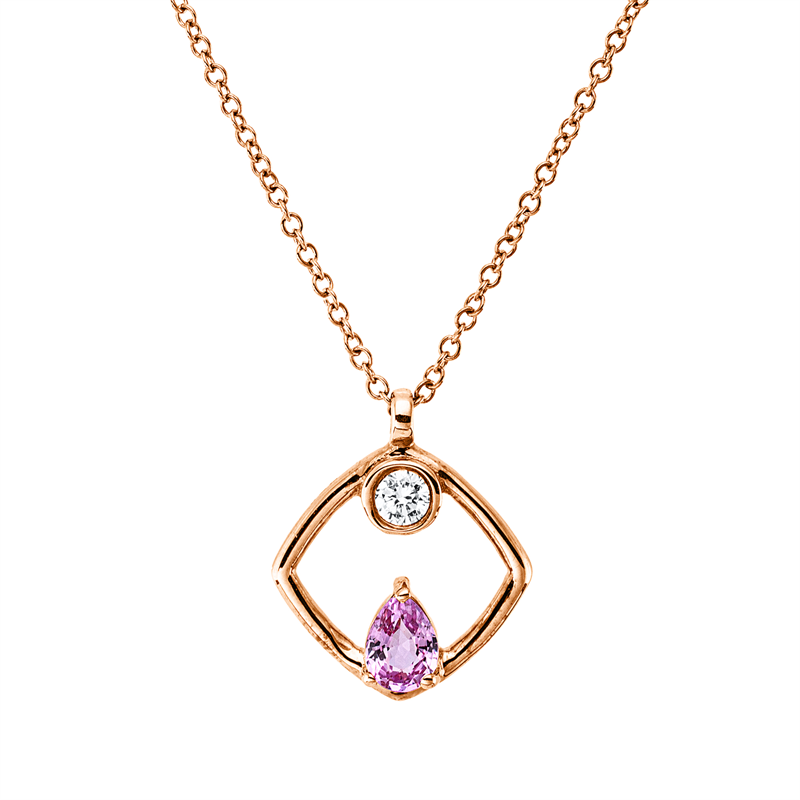 Collier 18 kt RG, mit ZÖ 40,6 cm, 1 Brill. 0,04 ct, TW-si, 1 Saphir 0,17 ct pink