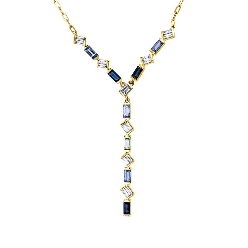 Collier 18 kt GG, mit ZÖ 40,6 cm, 16 Bag. 0,35 ct, TW-vsi, 1 Sap. 0,13 ct grün, 7 Sap. 1,02 ct blau