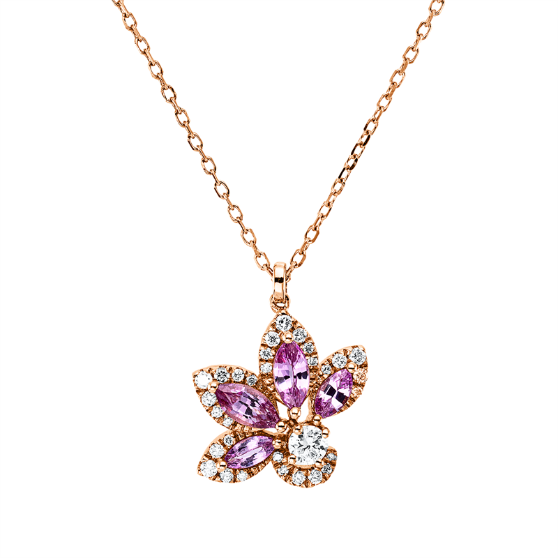 Collier 18 kt RG, mit ZÖ 40,6 cm, 1 Brill. 0,08 ct, 30 Brill. 0,11 ct, TW-si, 4 Saphire 0,59 ct pink