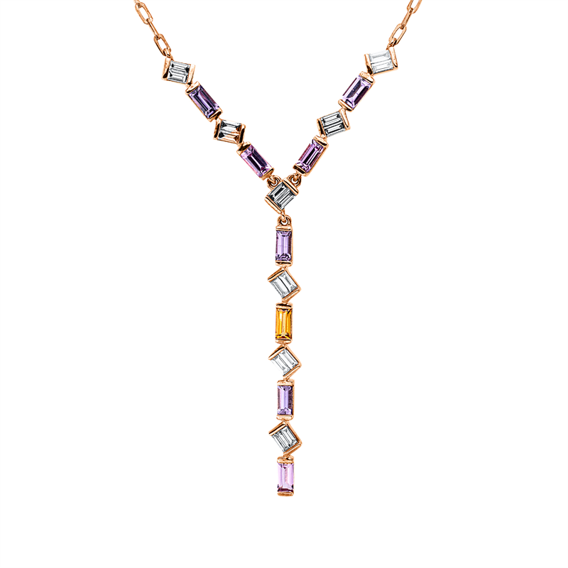 Collier 18KR, mit ZÖ 40,6cm, 16Brill.0,36ct,TW-si, 4Sap 0,51ct lila, 1Sap 0,14ct orange, 3Sap 0,42ct pink