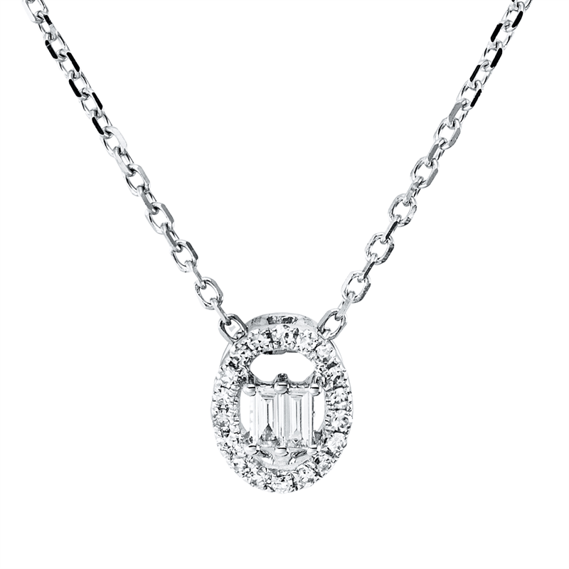 Collier 14 kt WG, mit ZÖ 40,6 cm, 2 Bag. 0,04 ct, TW-si, 18 Dia. 0,05 ct, TW-si