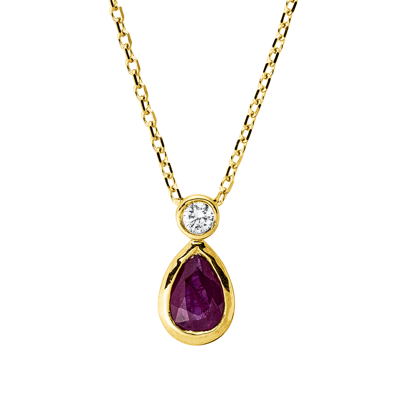 Collier 18 kt GG, mit ZÖ 40 cm + 42 cm, 1 Brill. 0,04 ct, TW-si, 1 Rubin 0,45 ct rot