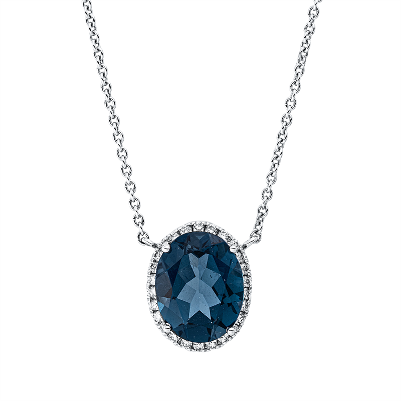 Collier 18 kt WG, mit ZÖ 40,6 cm + 43,2 cm, 26 Brill. 0,14 ct, W-si, 1 Topas 2,84 ct Lond. blue
