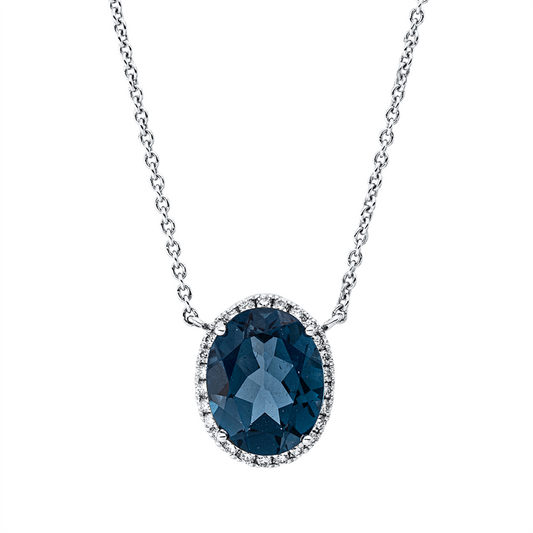 Collier 18 kt WG, mit ZÖ 40,6 cm + 43,2 cm, 26 Brill. 0,14 ct, W-si, 1 Topas 2,84 ct Lond. blue