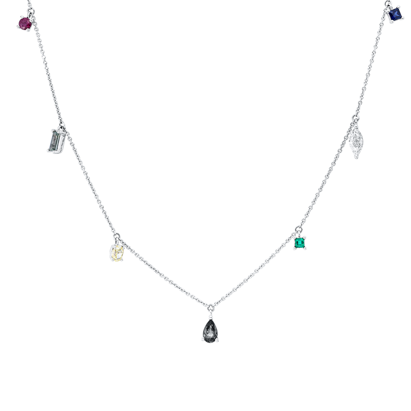 Collier 18 kt WG, 1 Nav. 0,21 ct, TC-vs2, 1 Oval 0,14 ct, gelb, 5 Saphire 0,70 ct multicolor