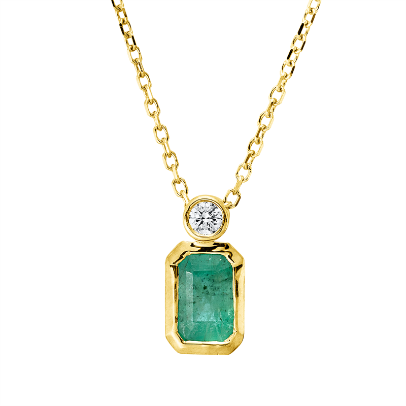 Collier 18 kt GG, mit ZÖ 40 cm + 42 cm, 1 Brill. 0,04 ct, TW-si, 1 Smaragd 0,55 ct grün