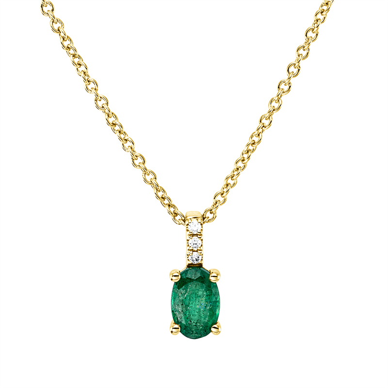 Collier 18 kt GG, mit ZÖ 42 cm, 3 Brill. 0,02 ct, TW-si, 1 Smaragd 0,45 ct grün