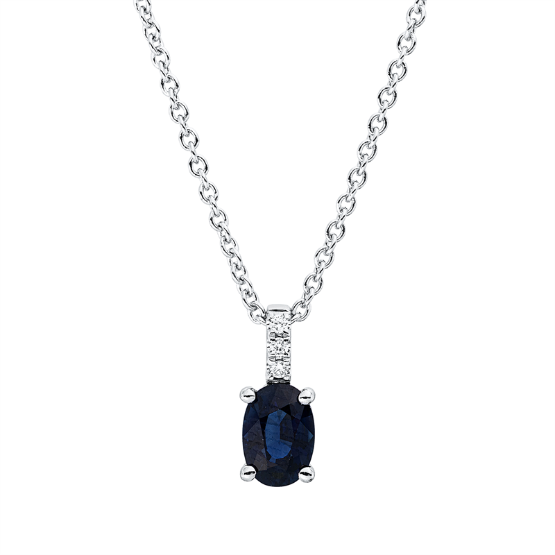 Collier 18 kt WG, mit ZÖ 42 cm, 3 Brill. 0,02 ct, TW-si, 1 Saphir 0,67 ct blau