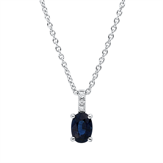 Collier 18 kt WG, mit ZÖ 42 cm, 3 Brill. 0,02 ct, TW-si, 1 Saphir 0,67 ct blau