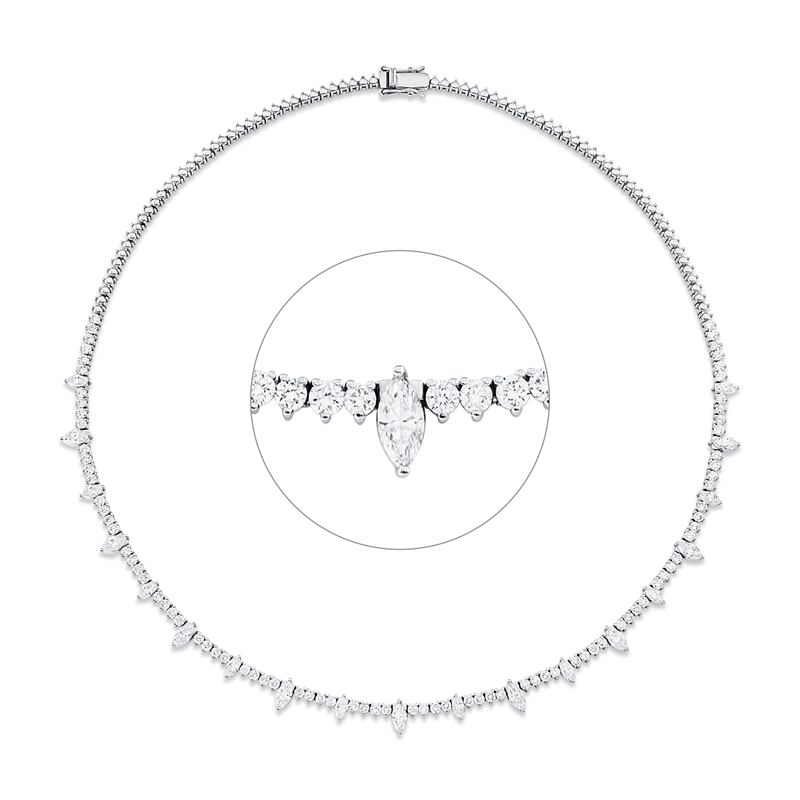Collier 18 kt WG, 9 Nav. 1,95 ct, E-vsi/si, 10 Nav. 1,33 ct, E-vsi/si, 84 Brill. 3,33 ct, E-vsi/si